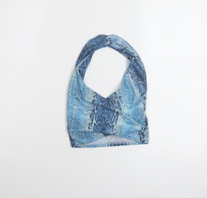PRETTYLITTLETHING Womens Blue Animal Print Polyester Cropped Tank Size 6 Halter