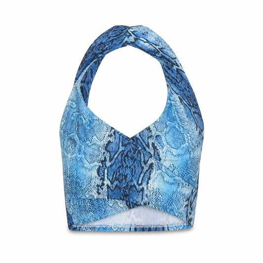 Front view of PRETTYLITTLETHING women’s blue animal print polyester cropped tank, size UK 6, halter