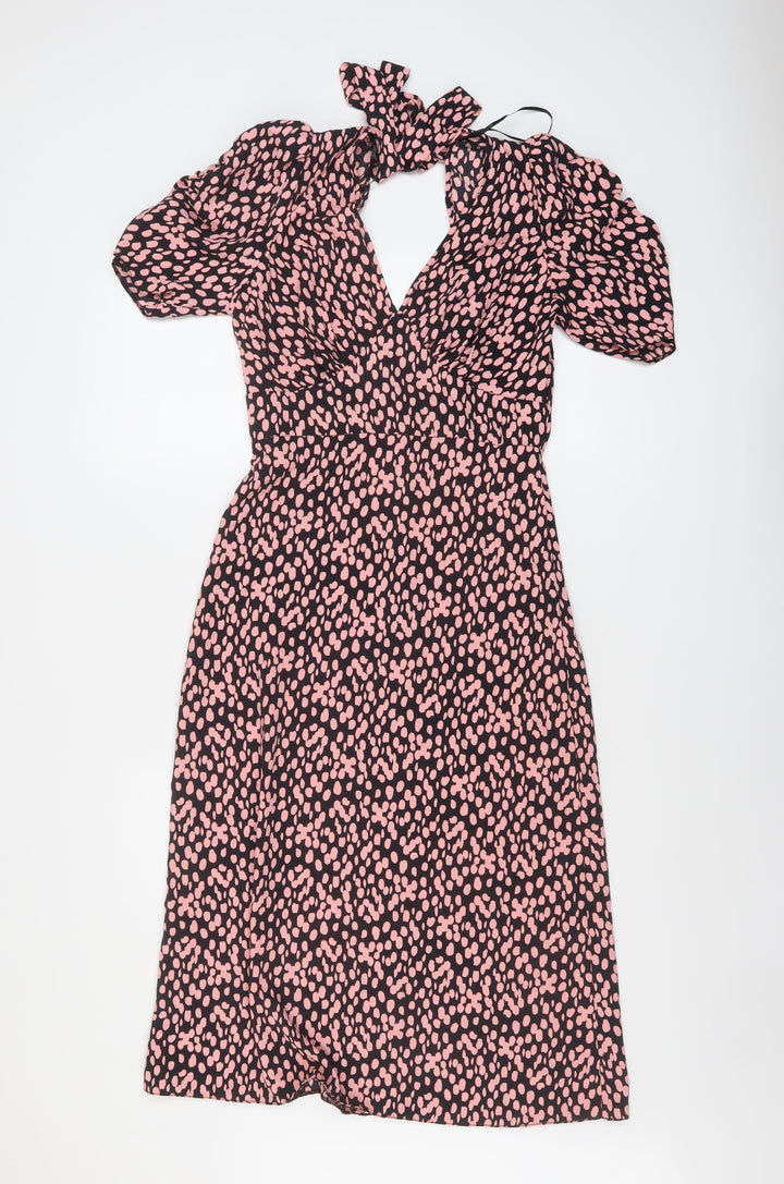 Miss Selfridge Womens Pink Geometric Polyester A-Line Size 6 V-Neck Tie