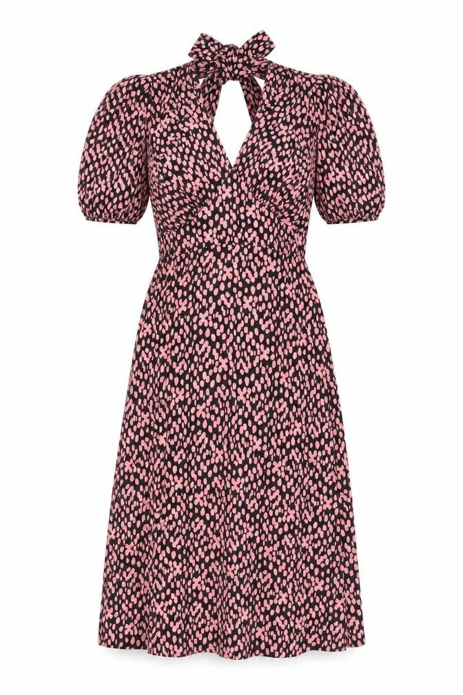 Front view of Miss Selfridge women’s pink geometric polyester a-line, size UK 6, v-neck tie