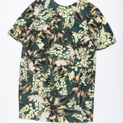 Warehouse Womens Green Floral Polyester A-Line Size 12 Round Neck Button