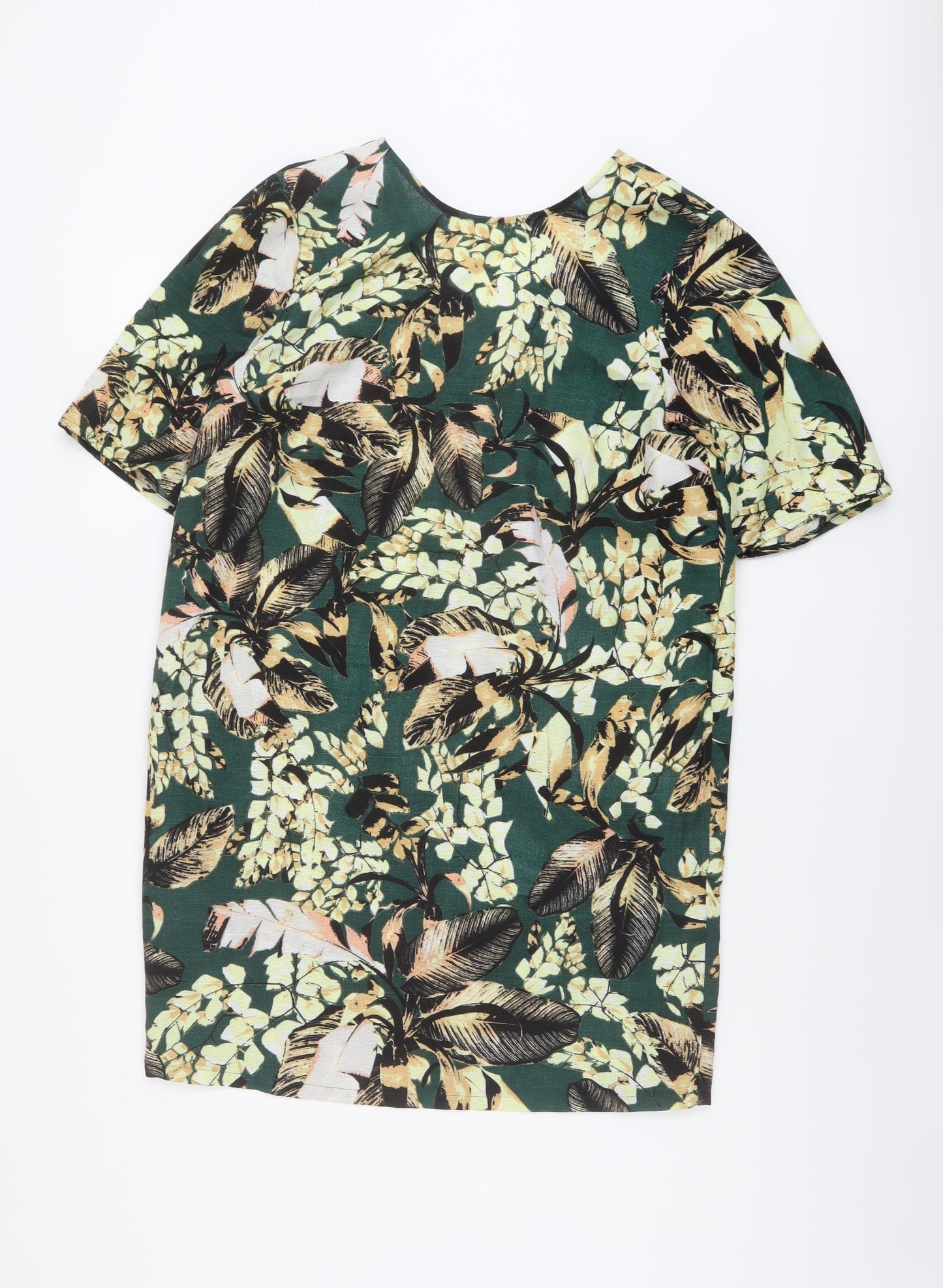 Warehouse Womens Green Floral Polyester A-Line Size 12 Round Neck Button