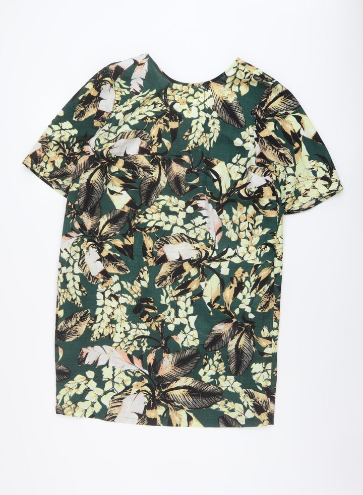 Warehouse Womens Green Floral Polyester A-Line Size 12 Round Neck Button
