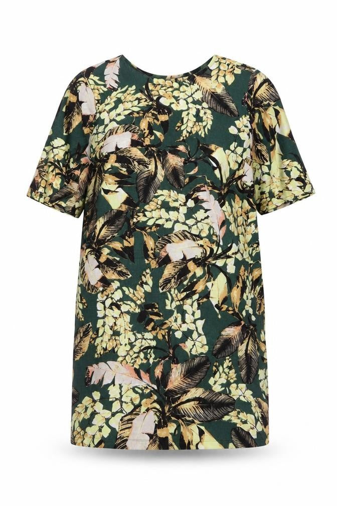 Front view of Warehouse women’s green floral polyester a-line, size UK 12, round neck button