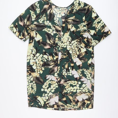 Warehouse Womens Green Floral Polyester A-Line Size 12 Round Neck Button