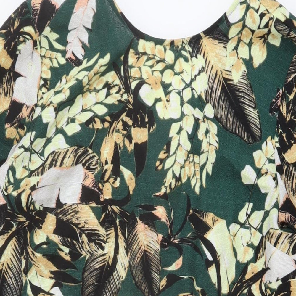 Warehouse Womens Green Floral Polyester A-Line Size 12 Round Neck Button