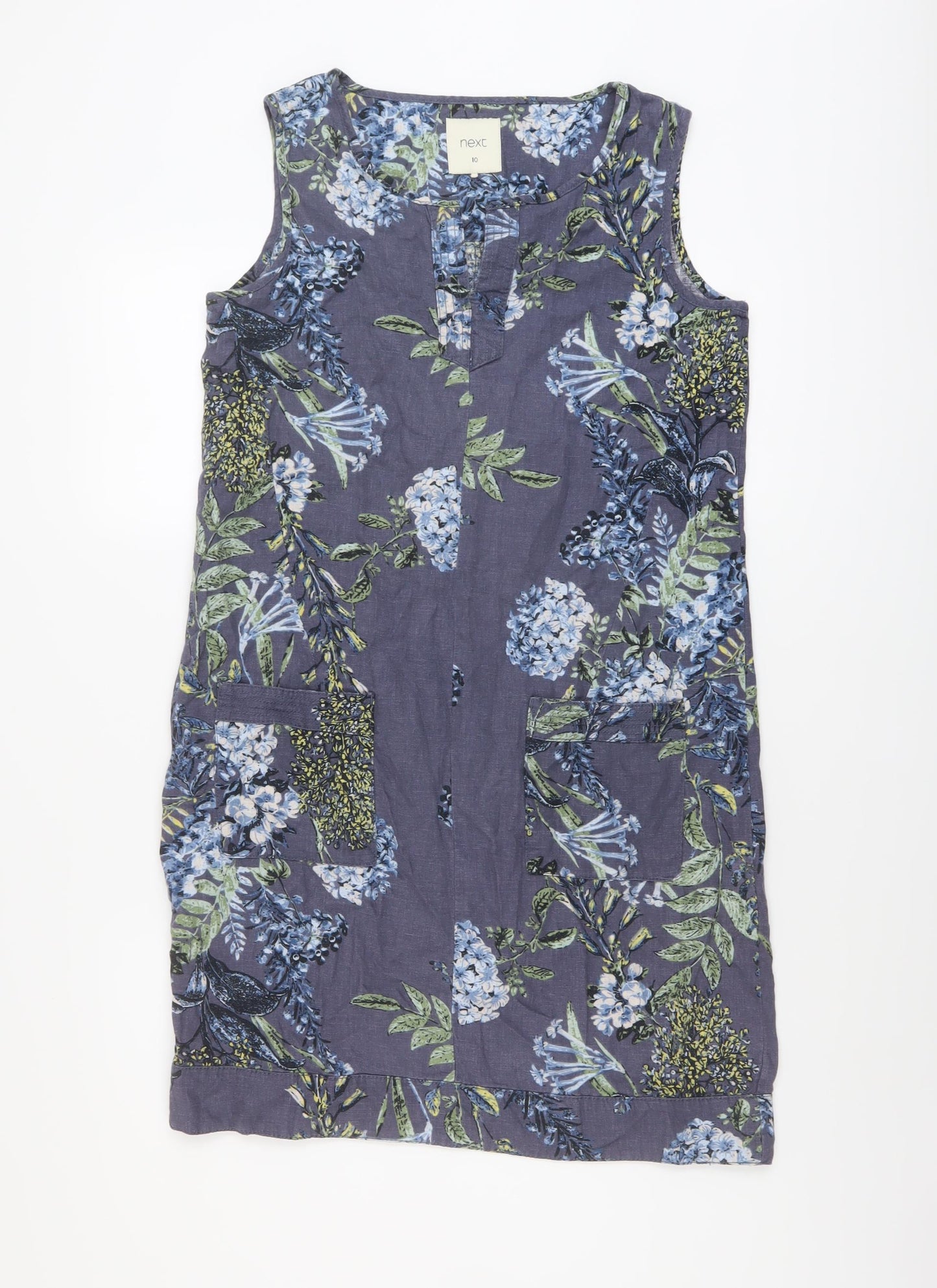 NEXT Womens Blue Floral Linen A-Line Size 10 V-Neck Pullover