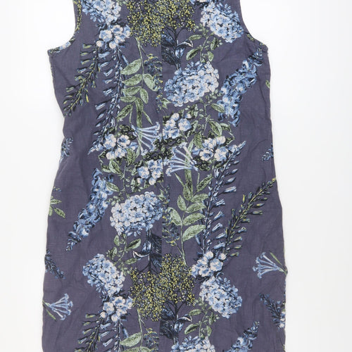 NEXT Womens Blue Floral Linen A-Line Size 10 V-Neck Pullover