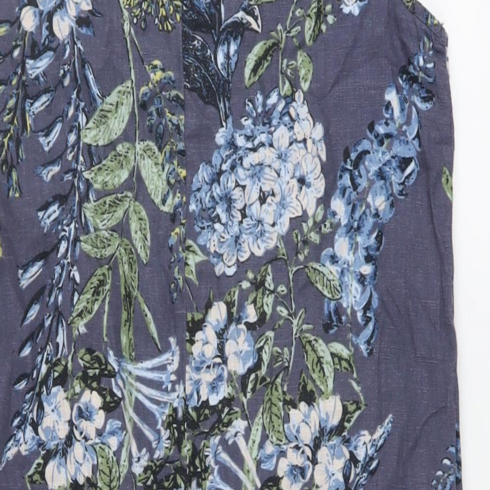 NEXT Womens Blue Floral Linen A-Line Size 10 V-Neck Pullover