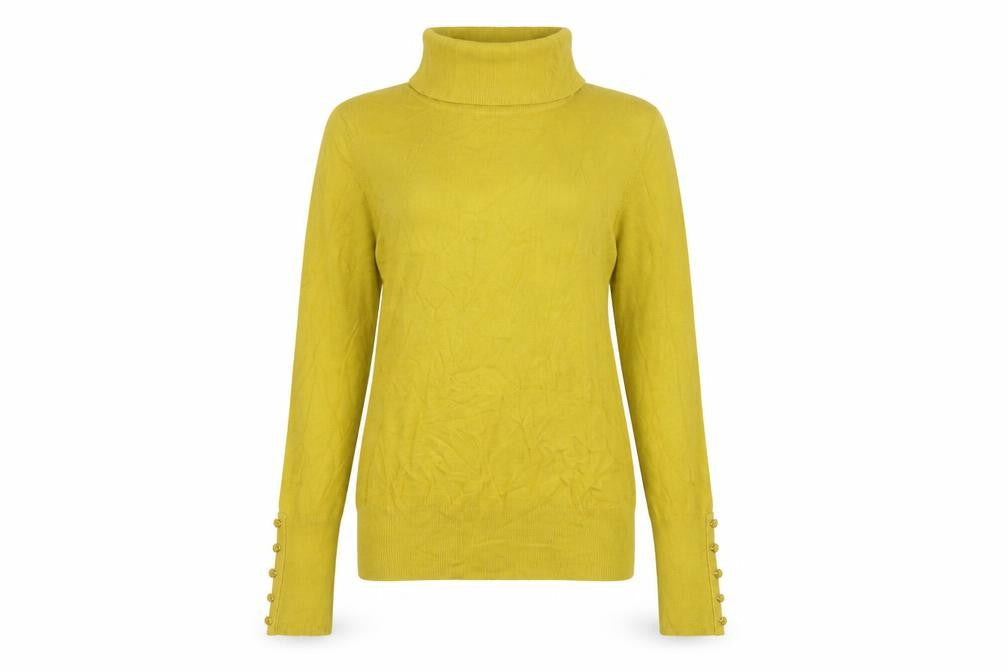 Front view of Paramour women’s yellow roll neck viscose jumper, size M