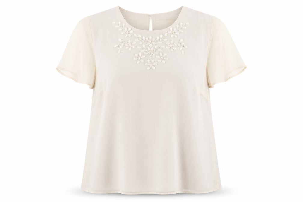 Front view of Emma Blake women’s beige polyester basic blouse, size UK 16, round neck