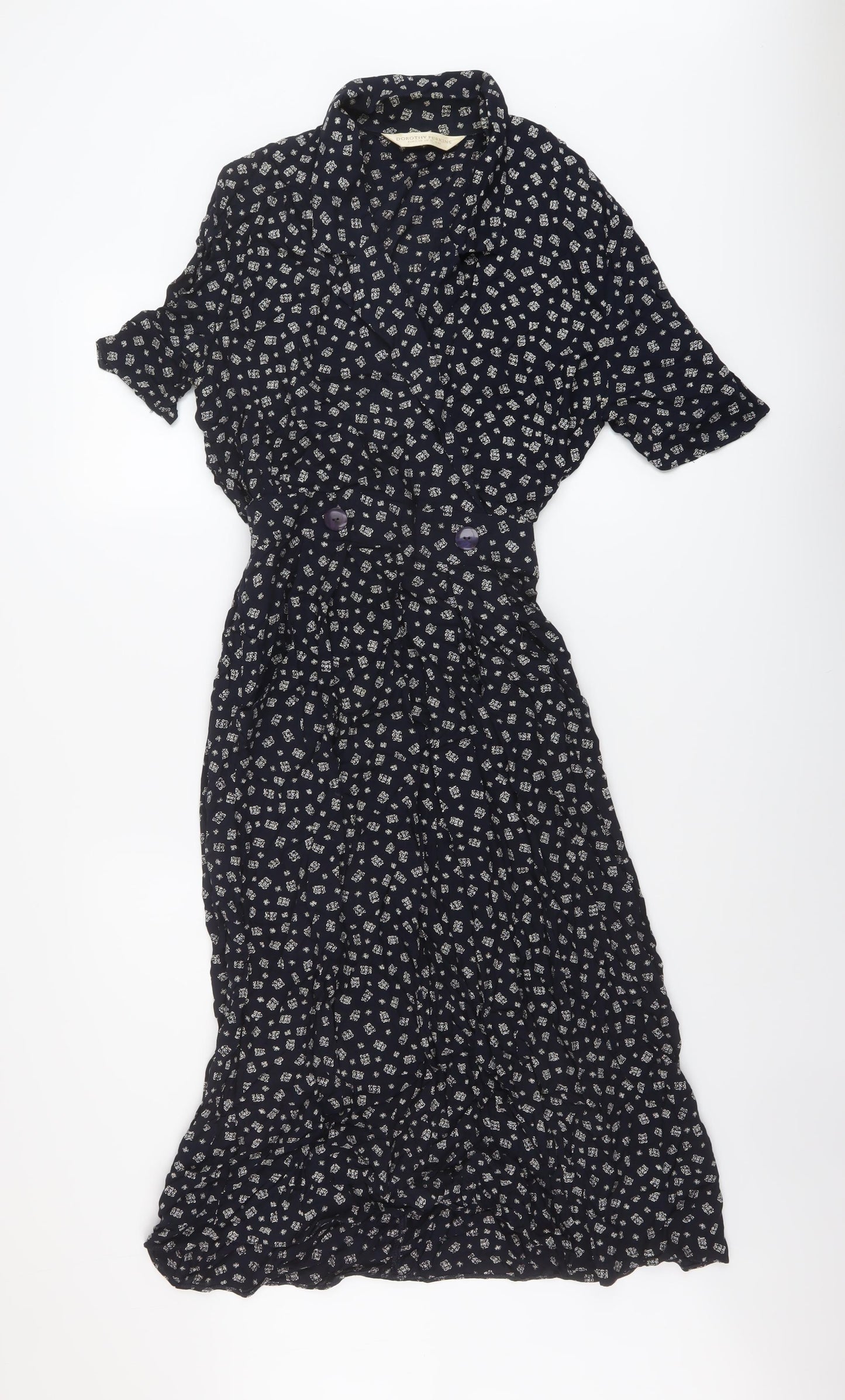 Dorothy Perkins Womens Blue Floral Viscose A-Line Size 12 V-Neck Button
