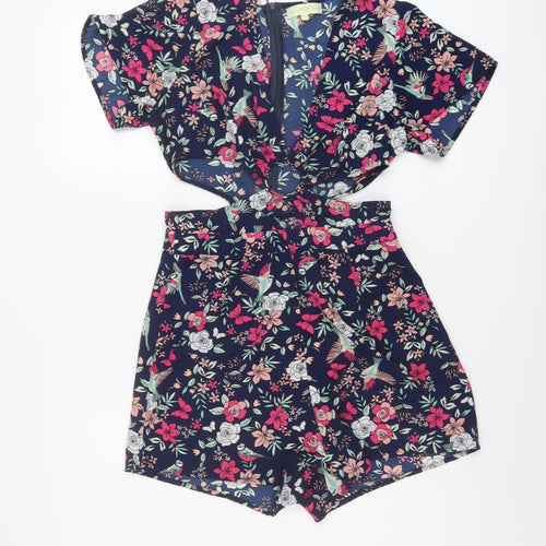 Love & Other Things Womens Blue Floral Polyester Playsuit One-Piece Size M Zip