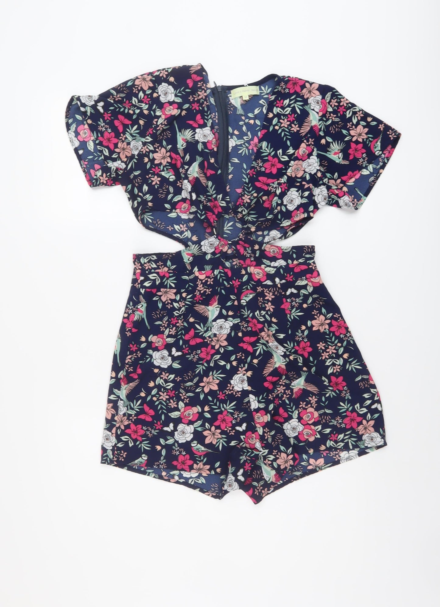 Love & Other Things Womens Blue Floral Polyester Playsuit One-Piece Size M Zip