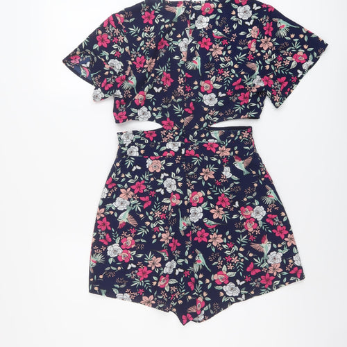 Love & Other Things Womens Blue Floral Polyester Playsuit One-Piece Size M Zip