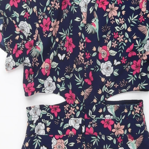 Love & Other Things Womens Blue Floral Polyester Playsuit One-Piece Size M Zip