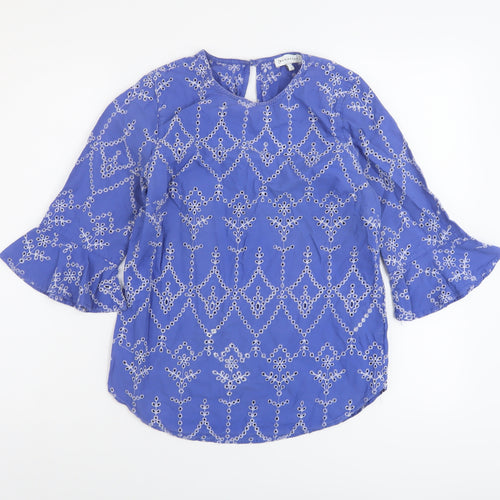 Warehouse Womens Blue Floral Cotton Basic Blouse Size 8 Round Neck