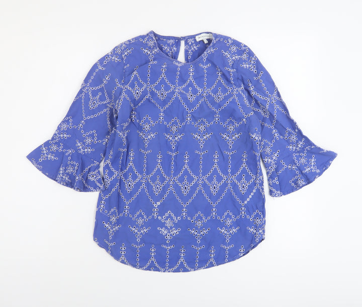 Warehouse Womens Blue Floral Cotton Basic Blouse Size 8 Round Neck