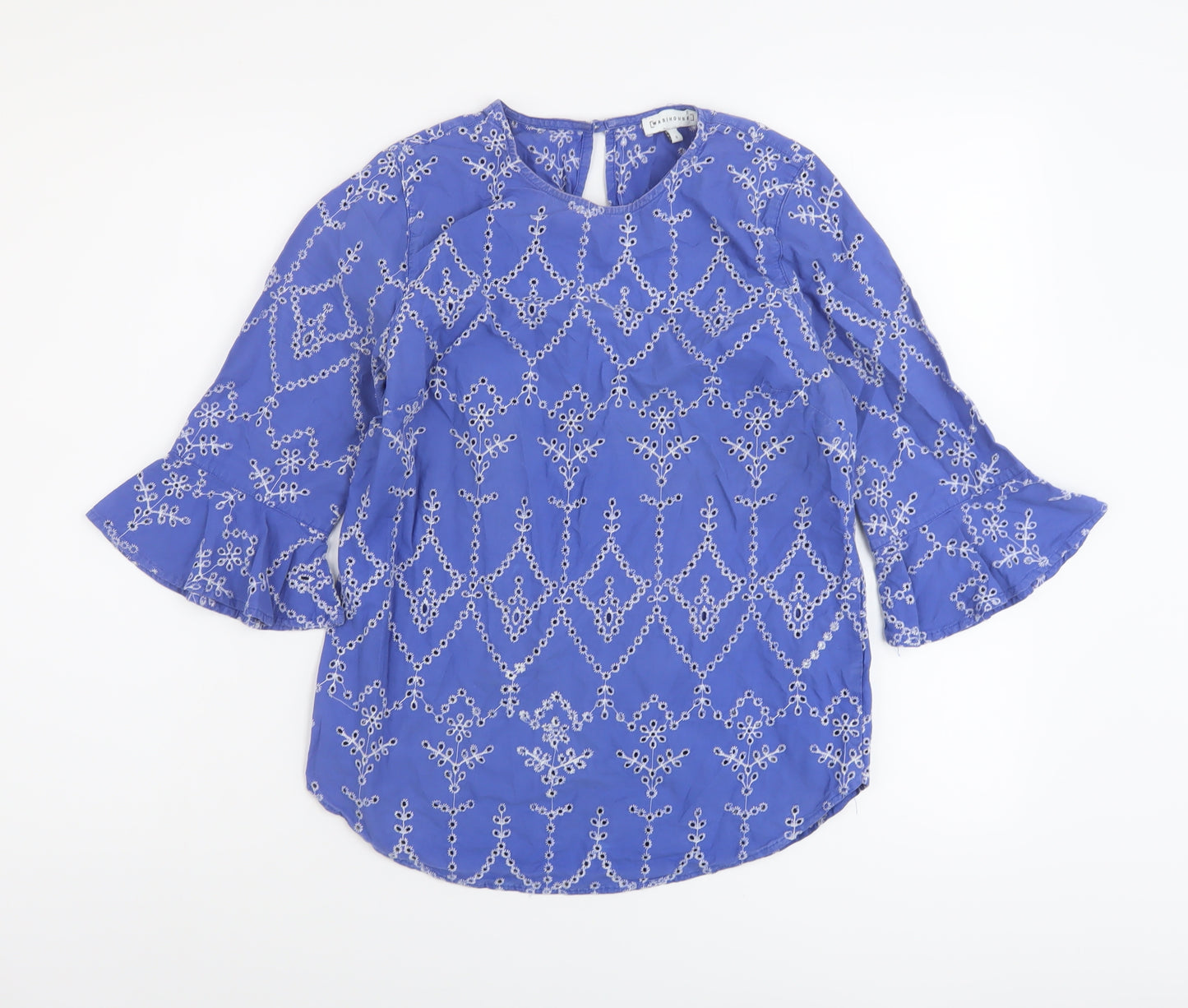 Warehouse Womens Blue Floral Cotton Basic Blouse Size 8 Round Neck