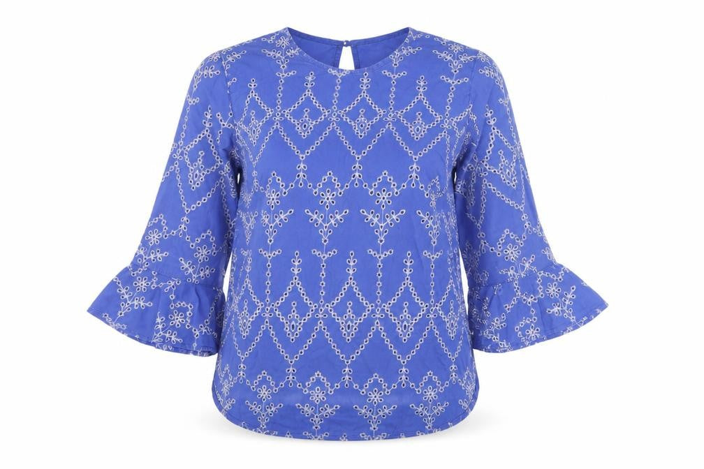 Front view of Warehouse women’s blue floral cotton basic blouse, size UK 8, round neck