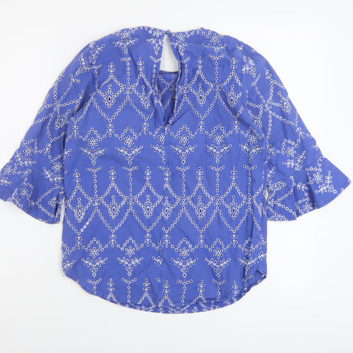 Warehouse Womens Blue Floral Cotton Basic Blouse Size 8 Round Neck