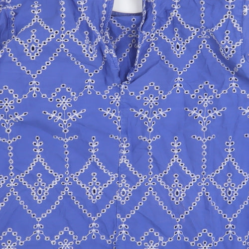 Warehouse Womens Blue Floral Cotton Basic Blouse Size 8 Round Neck
