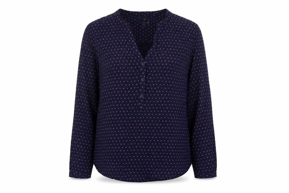 Front view of Gap women’s black geometric viscose basic blouse, size S, v-neck