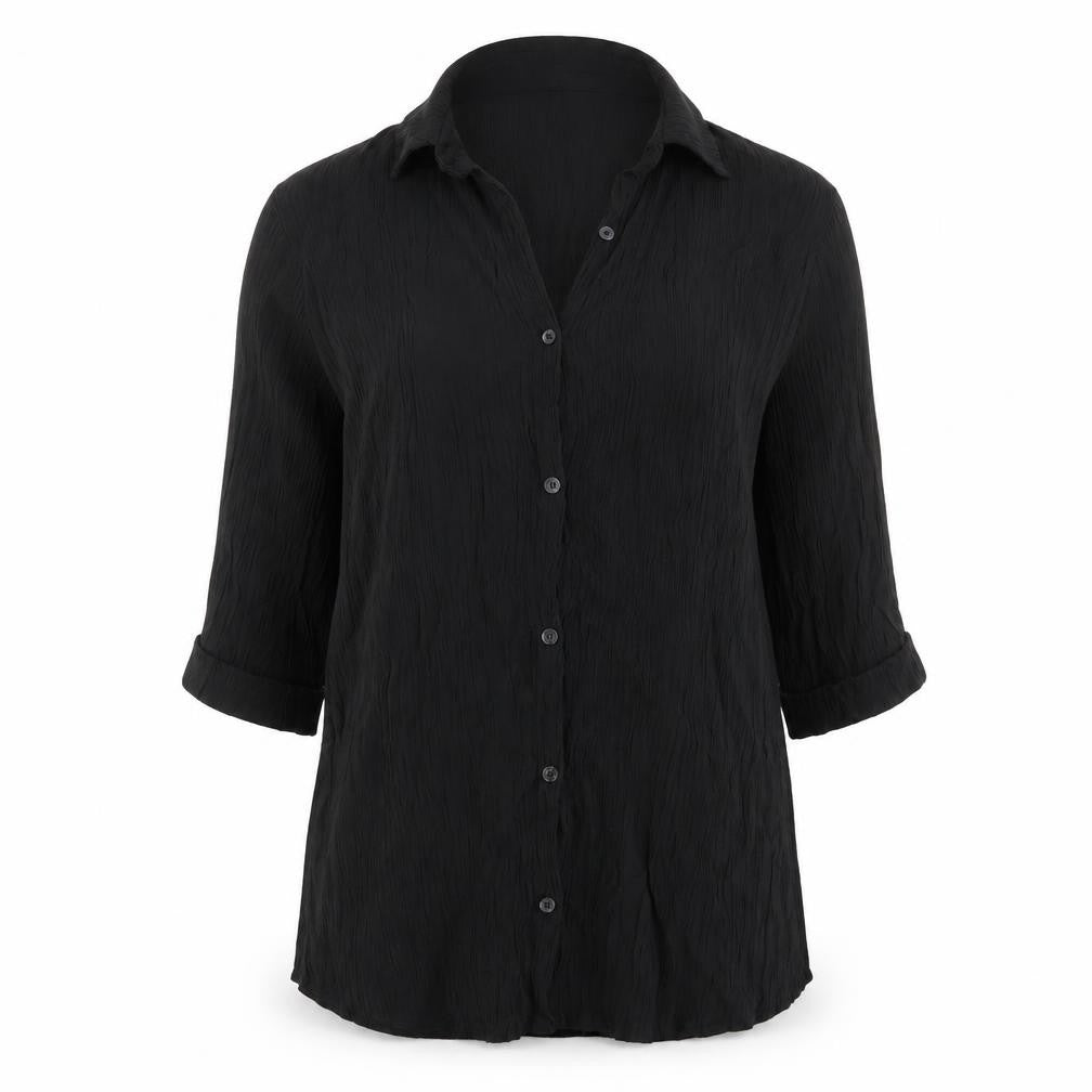 Front view of Boohoo women’s black viscose basic blouse, size UK 12, collared