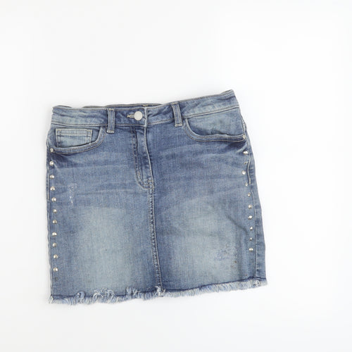 NEXT Girls Blue Cotton Mini Skirt Size 12 Years Regular Button