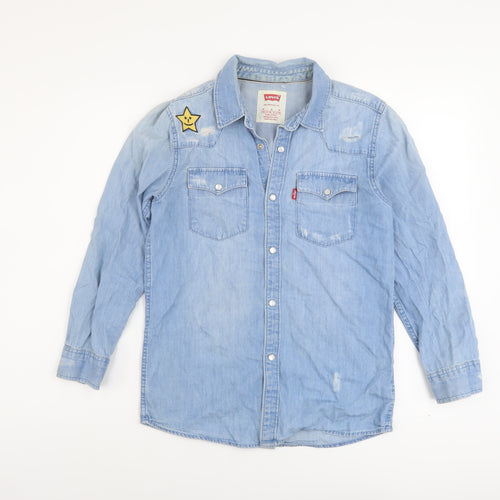 Levi's Girls Blue Cotton Basic Button-Up Size 10-11 Years Collared Snap