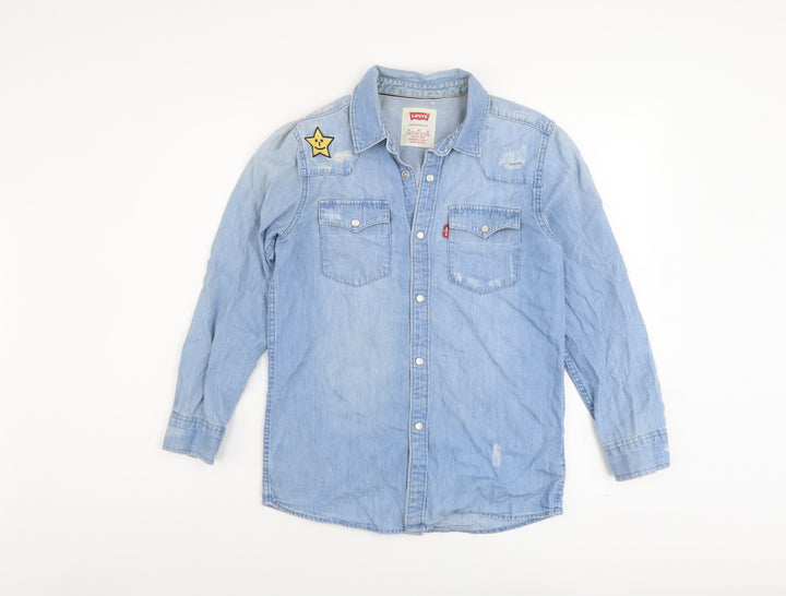 Levi's Girls Blue Cotton Basic Button-Up Size 10-11 Years Collared Snap