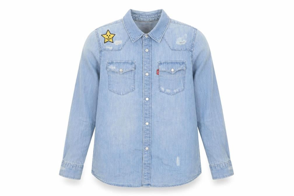 Front view of Levi's girls’ blue cotton basic button-up, size 10-11, years collared snap
