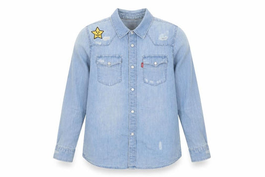 Front view of Levi's girls’ blue cotton basic button-up, size 10-11, years collared snap