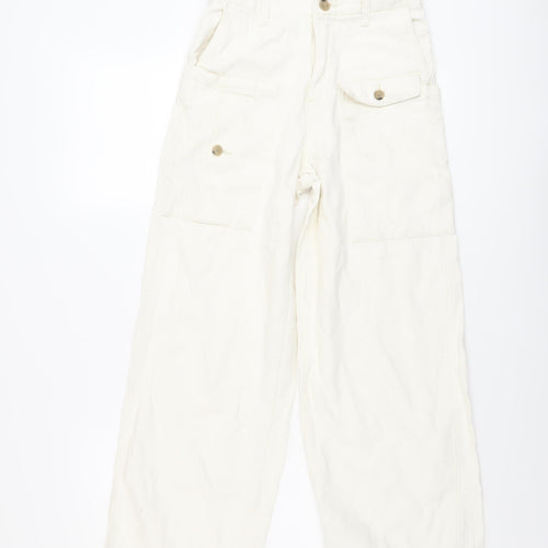 Zara Girls Ivory Cotton Wide-Leg Jeans Size 13-14 Years Regular Button