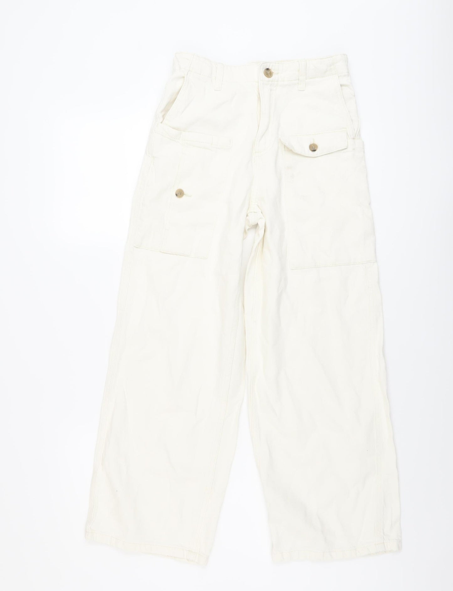 Zara Girls Ivory Cotton Wide-Leg Jeans Size 13-14 Years Regular Button