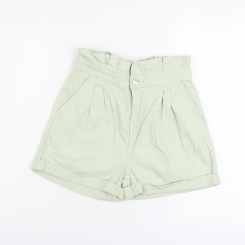 Denim & Co. Girls Green Cotton Paperbag Shorts Size 11-12 Years Regular Zip