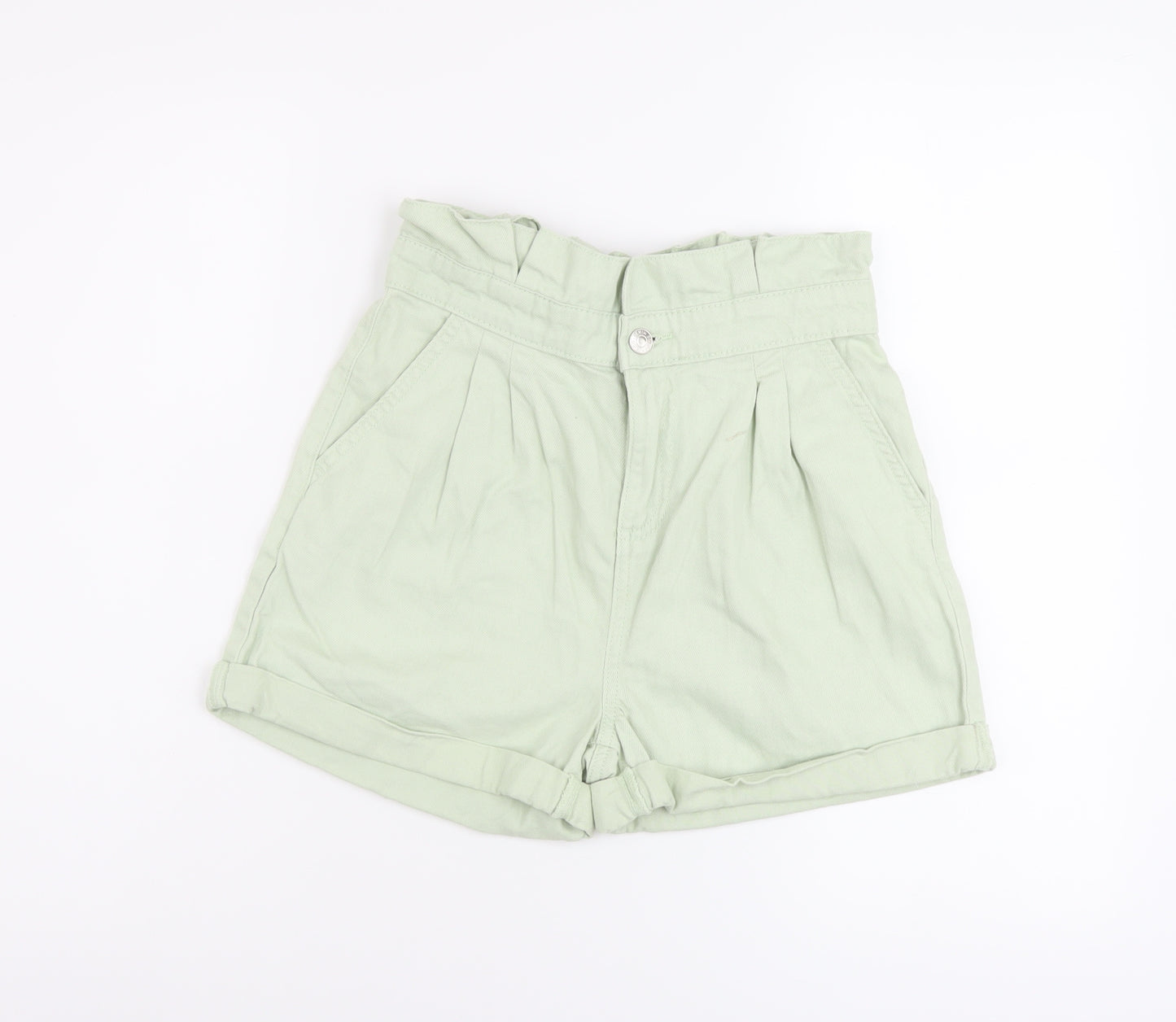 Denim & Co. Girls Green Cotton Paperbag Shorts Size 11-12 Years Regular Zip