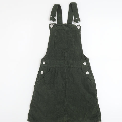 M&Co Girls Green Cotton Pinafore/Dungaree Dress Size 11 Years Square Neck Buckle