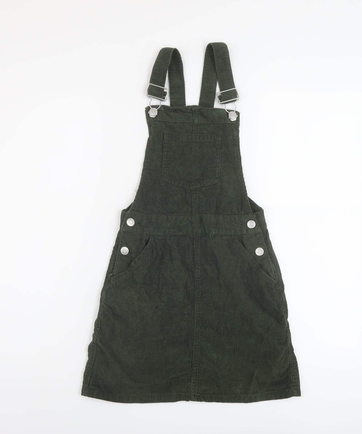 M&Co Girls Green Cotton Pinafore/Dungaree Dress Size 11 Years Square Neck Buckle