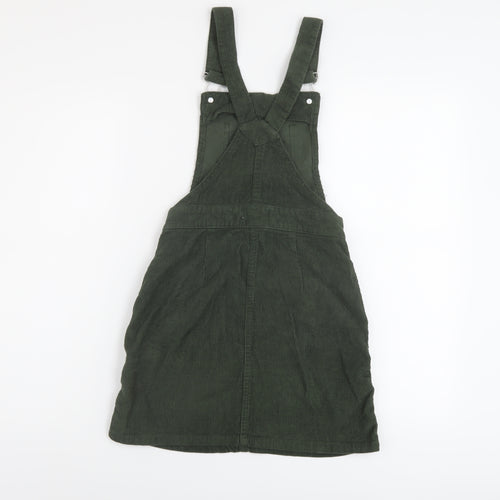 M&Co Girls Green Cotton Pinafore/Dungaree Dress Size 11 Years Square Neck Buckle