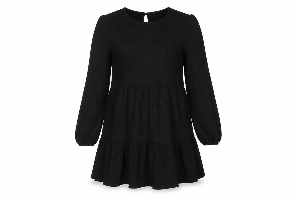 Front view of Michelle Keegan women’s black polyester a-line, size UK 10, round neck button - smocked