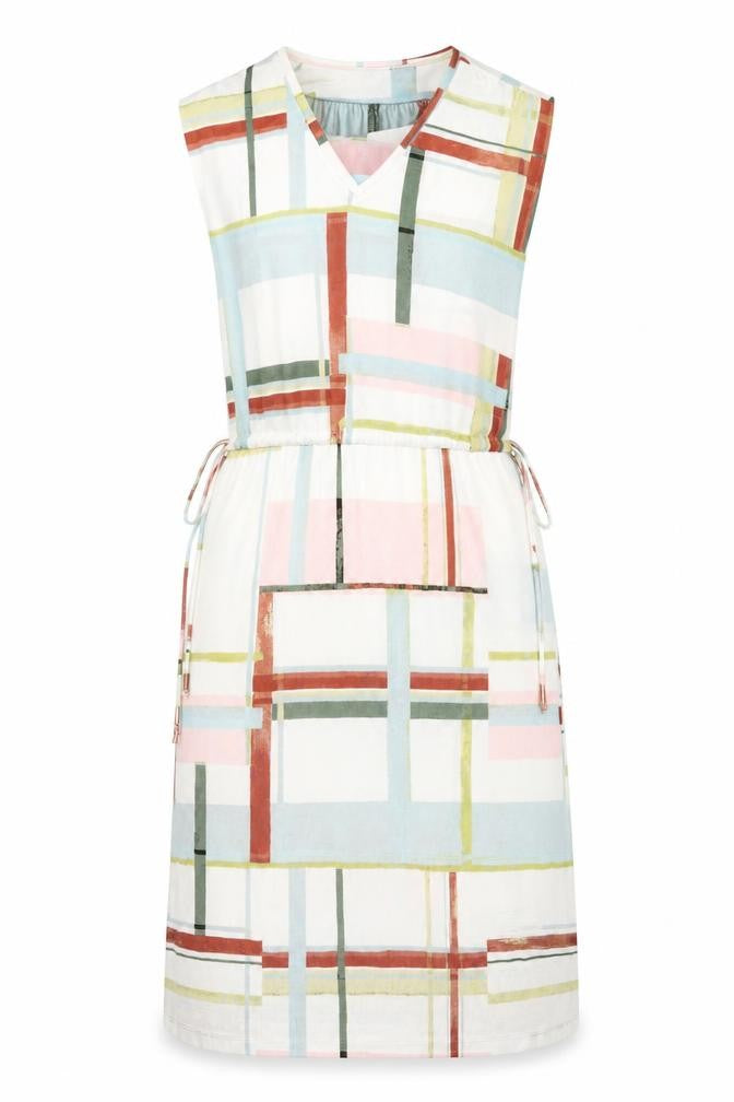 Front view of Next women’s multicoloured geometric polyester shift, size UK 8, v-neck pullover - drawstring waist