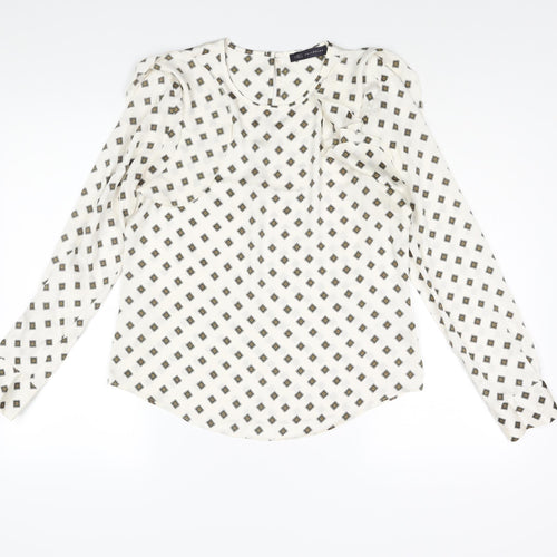 Marks and Spencer Womens Ivory Geometric Polyester Basic Blouse Size 10 Roll Neck - Frill Detail