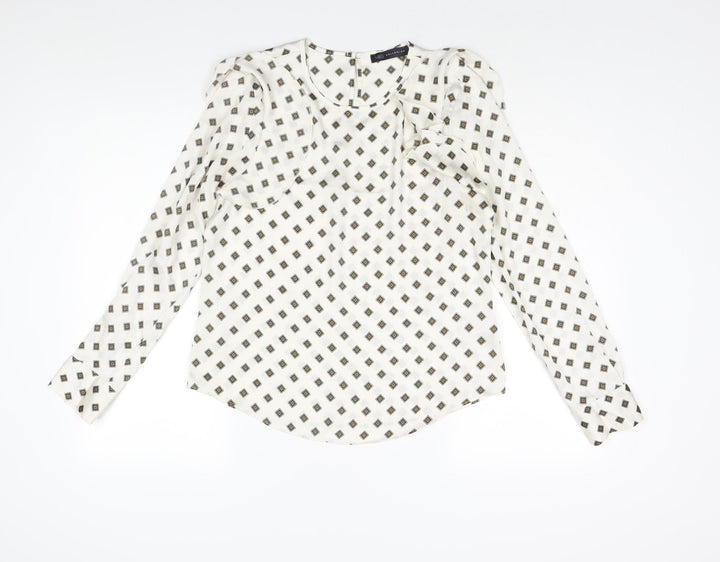 Marks and Spencer Womens Ivory Geometric Polyester Basic Blouse Size 10 Roll Neck - Frill Detail