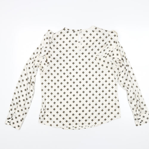 Marks and Spencer Womens Ivory Geometric Polyester Basic Blouse Size 10 Roll Neck - Frill Detail