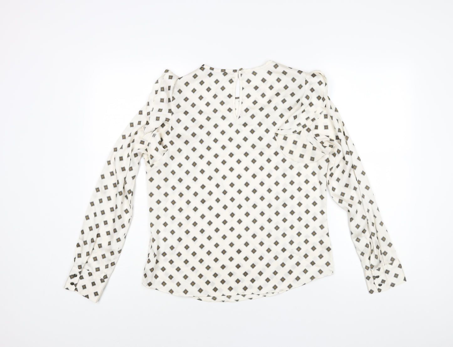 Marks and Spencer Womens Ivory Geometric Polyester Basic Blouse Size 10 Roll Neck - Frill Detail