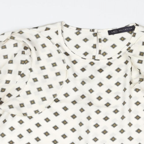 Marks and Spencer Womens Ivory Geometric Polyester Basic Blouse Size 10 Roll Neck - Frill Detail