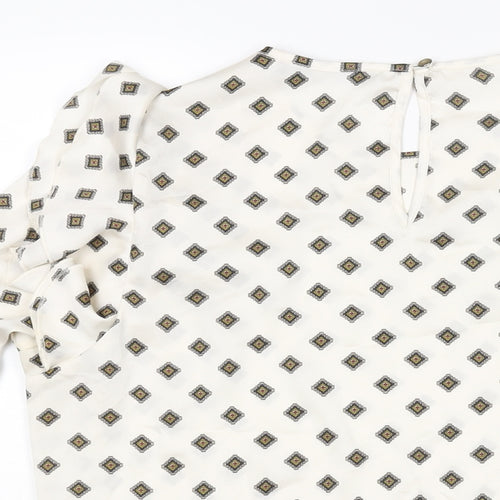 Marks and Spencer Womens Ivory Geometric Polyester Basic Blouse Size 10 Roll Neck - Frill Detail