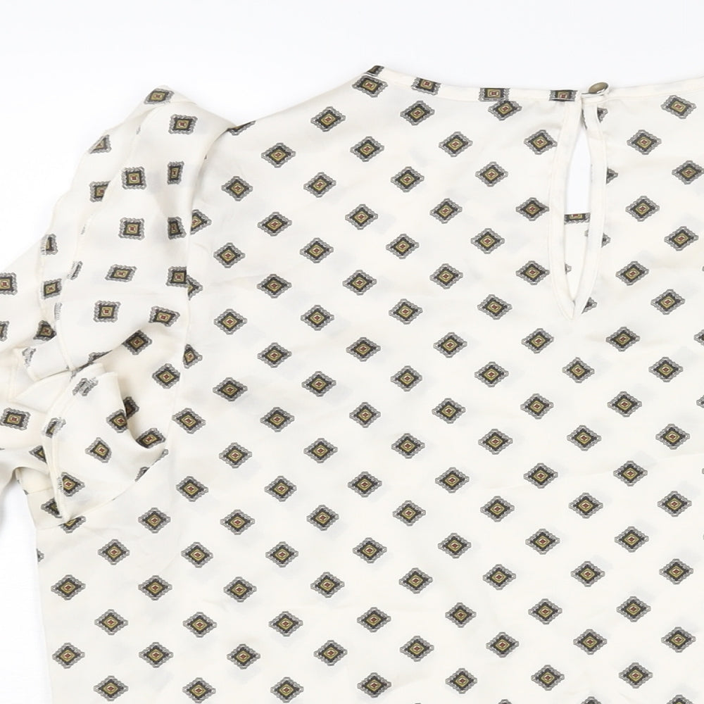 Marks and Spencer Womens Ivory Geometric Polyester Basic Blouse Size 10 Roll Neck - Frill Detail