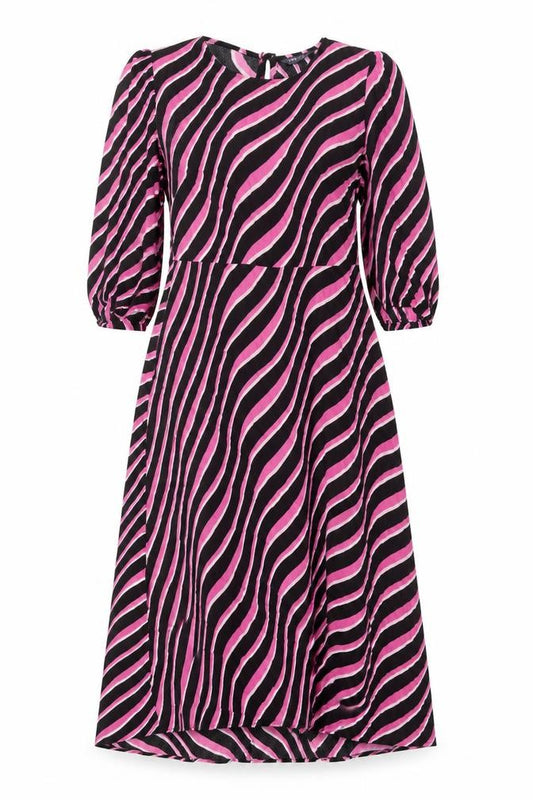 Front view of Marks & Spencer women’s multicoloured geometric viscose a-line, size UK 12, round neck zip